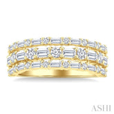1 1/2 Ctw Triple Row Emerald, Baguette and Round Cut Diamond Fashion Band in 14K Yellow Gold